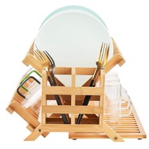 Bamboo Dish Drying Rack, 3 Tier Collapsible Wooden Dish Drying Rack With Utensil - £47.38 GBP