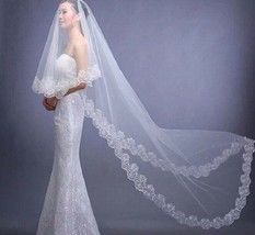 Elegant Wedding Bride&#39;s Long White Lace &amp; Floral Edge Veil Headpiece - $27.54