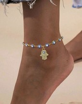 Gold anklet with evil eye charms and hand of hamsa charm - boho - festival - £10.00 GBP