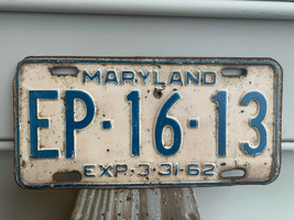 Vtg 1962 EP-16-13 Exp 3-31-62 Maryland Vehicle License Plate Blue And White - £23.73 GBP