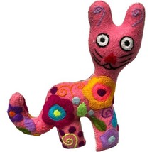 Pink Hand Sewn Embroidery Plush Cat Mexico Folk Art Stuffed Animal Mexican Toy - £8.87 GBP