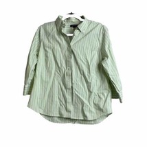 Lands&#39; End Women’s Green White Stripe Button Up Shirt 3/4 Sleeve Size 14P - £10.74 GBP