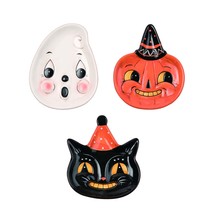 Johanna Parker Design Dolomite Set of 3 Halloween Snack Plates Cat Ghost Pumpkin - £39.21 GBP