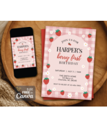 Editable Berry First Birthday Invitation Girl: Strawberry Theme Digital ... - $91.03 MXN