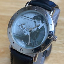 VTG Authentic Elvis Presley Men Silver Tone Leather Analog Quartz Watch~New Batt - £52.95 GBP