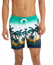 INC Men&#39;s Regular-Fit Quick-Dry Sunset Palm Tree-Print 5&quot; Swim Trunks Green-2XL - £10.81 GBP