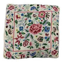 Vtg Floral Needlepoint Throw Pillow Beige Pink Flowers 13.5” Distressed ... - £21.57 GBP