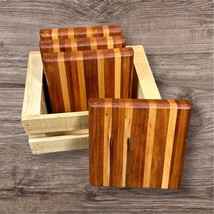 Coasters Set of 4 with Storage Crate Cherry and Maple Striped Handcrafte... - $867.41 MXN