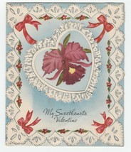 Vintage Valentine Card Orchids Printed Lace Heart A-Meri-Card 1940&#39;s - £5.44 GBP