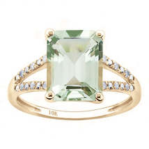 10k Yellow Gold Genuine Emerald-Shape Green Amethyst and Split-Shank Diamond Rin - £131.58 GBP