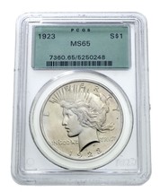 1923 $1 Silver Peace Dollar Graded by PCGS as MS-65 Green Label - £212.63 GBP