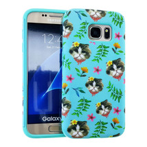 For Samsung Galaxy S7 - Hard&amp;Soft Rubber Hybrid Armor Skin Case Blue Flower Cat - £11.94 GBP