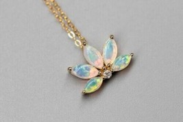 Lotus  Lily Fire Opal &amp; Simulated Diamond Pendant Necklace925 Silver Gold Plated - £108.98 GBP