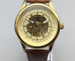 Automatic Skeleton Watch Men 43mm Gold Tone Dial Brown Leather Band - $26.72