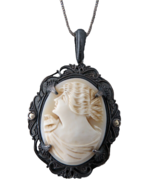 Antique Sterling Silver Carved Shell Cameo Pendant Marcasites Box Chain ... - $93.64 CAD