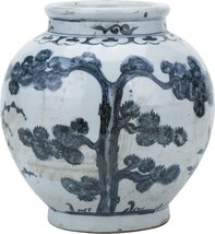 Jar Vase Pine Tree Small Blue White Ceramic Handmade Hand-Crafted - $259.00