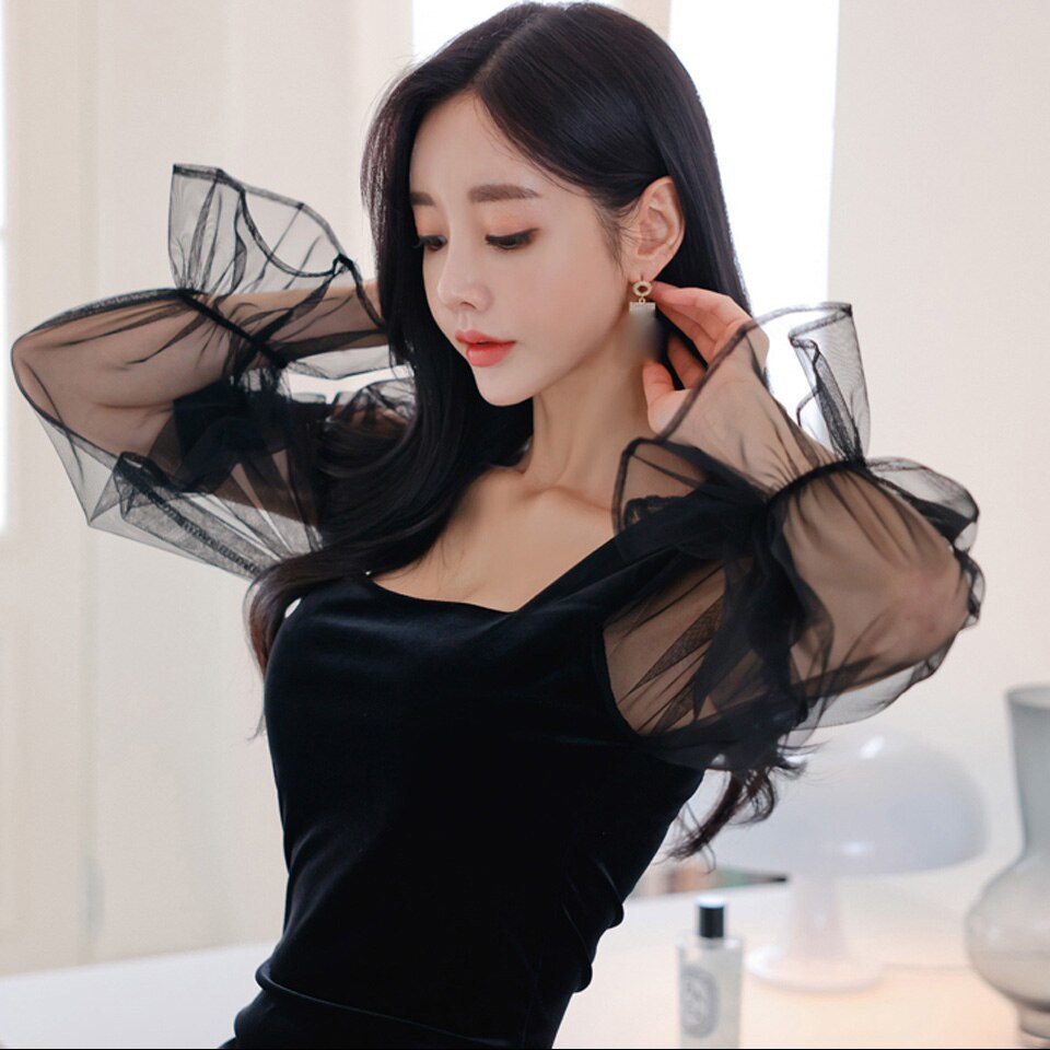Spring Square Collar Mesh Puff Sleeve High Waist Vintage Black Velvet Dress Item image 5