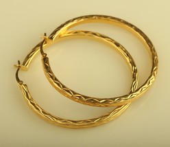 Vintage Sterling Silver Large Hoop Gold Tone Fancy Diamond Cut Designer Earrings - £59.35 GBP