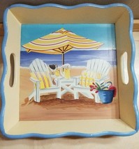 Wood Scalloped Decorative Tray Beach Ocean Adirondack Chairs 12&quot; x 12&quot; x 2.5&quot; - £23.71 GBP