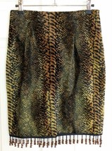 MIKAI Golden Tan/Black Animal Print Faux Fur Pencil Skirt w/ Beaded Frin... - £15.50 GBP