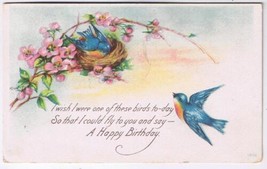 Greetings Postcard Happy Birthday Bluebirds Nest Wild Roses 1919 Broken ... - $4.94