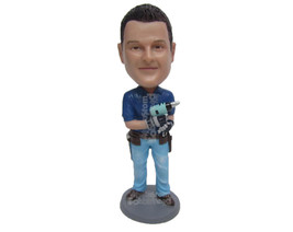 Custom Bobblehead Handyman Wearing T-Shirt And Jeans Working With A Drill Machin - £69.98 GBP