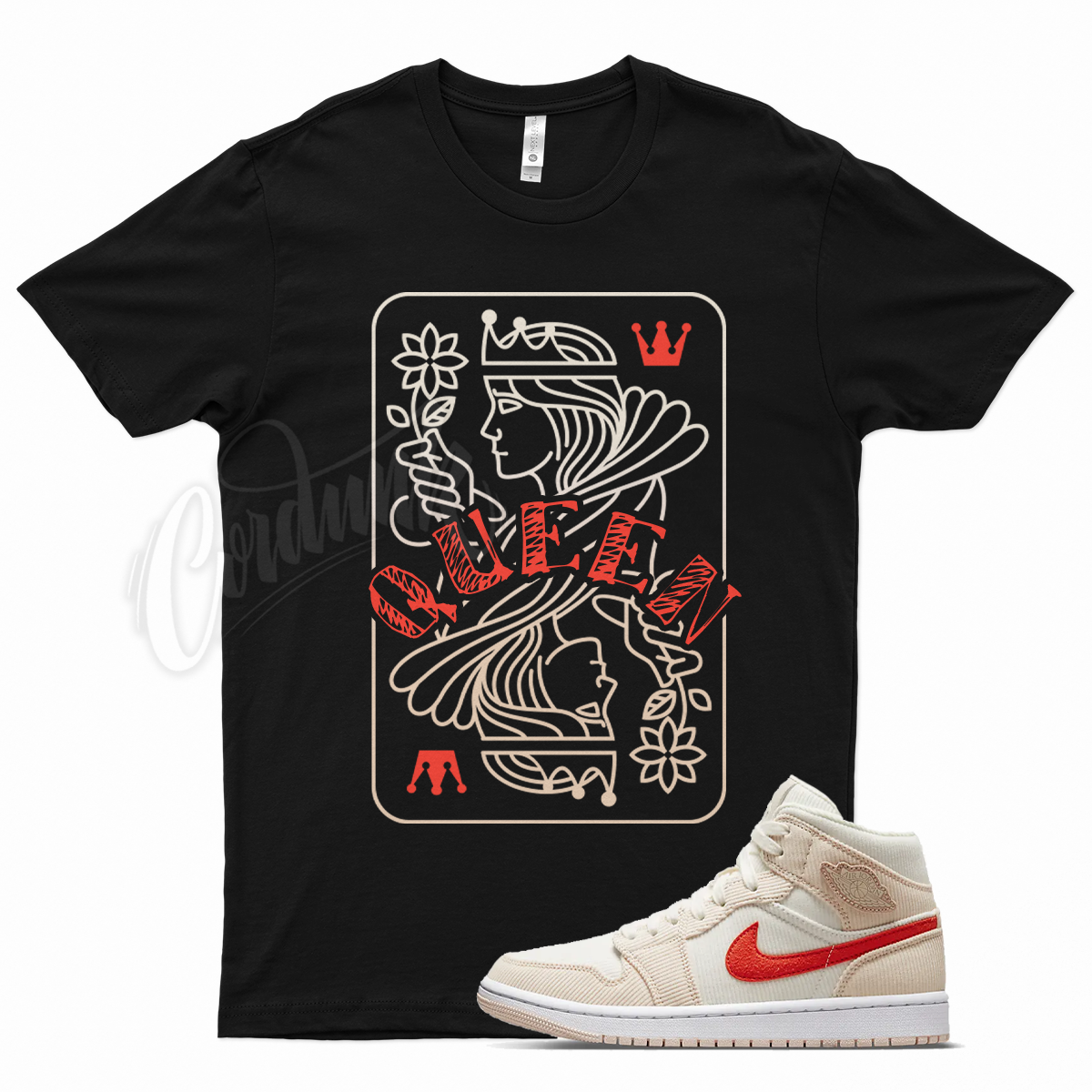 Primary image for Black QUEEN T Shirt for Air J1 1 Corduroy Mid SE Sail Orange Quartz 