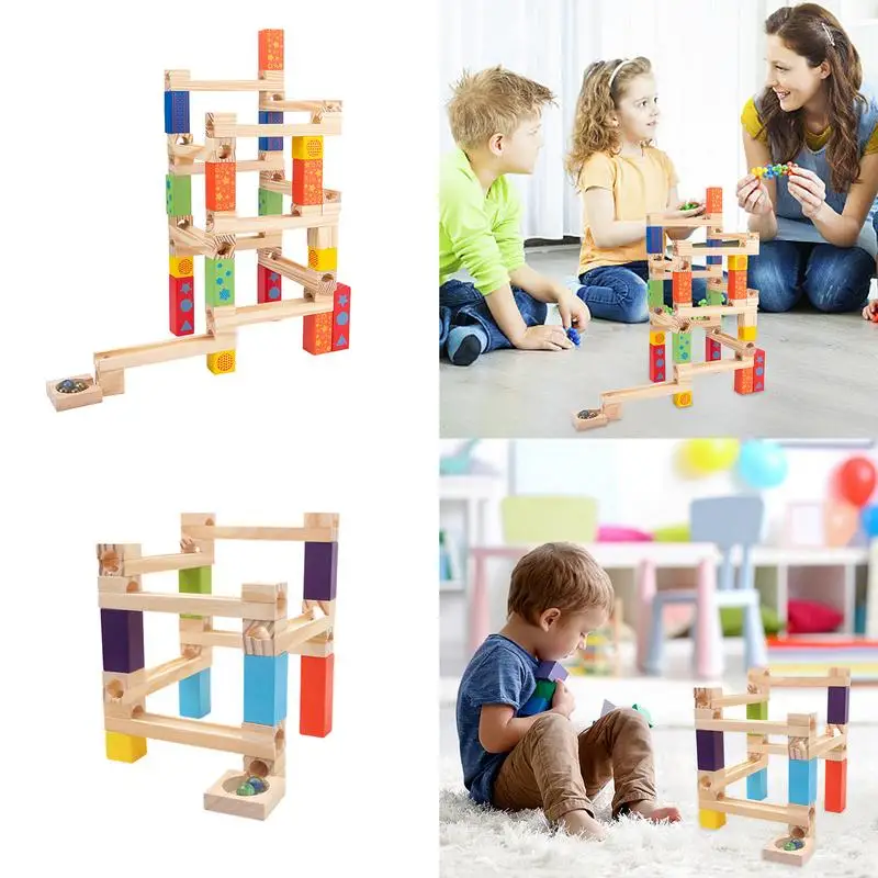 Wooden Marble Race Track Game Marble Ball Run Track Stack Building Blocks 3D - £31.82 GBP+