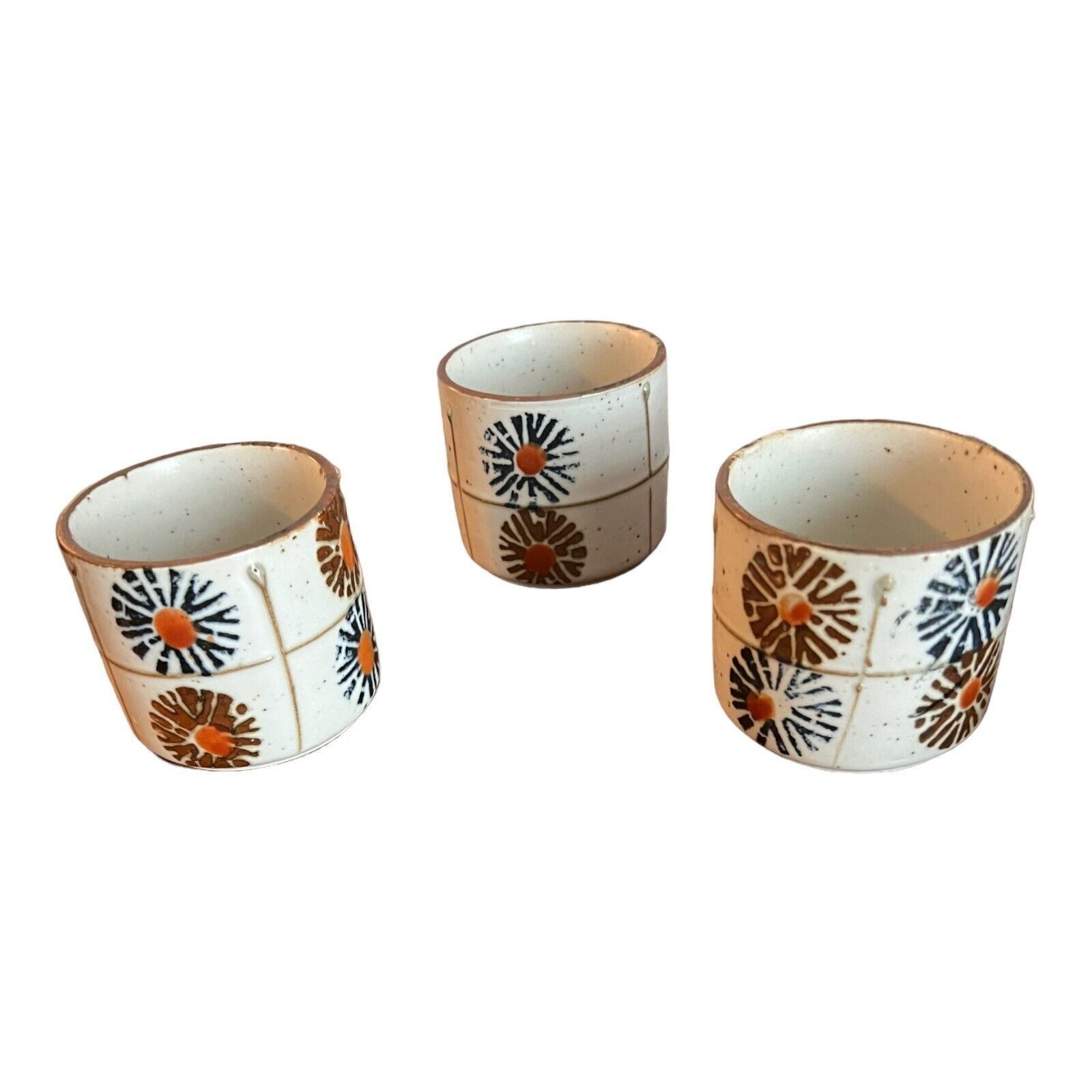 Set of 3 Otagiri? Stoneware Speckle Glaze Tea Saki Cups Flower Design - $14.84