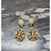 Turquoise &amp; Brown Green Rhinestone Dangle Hanging Two Tiered Earrings - £9.20 GBP