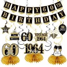 Happy 60Th Birthday Banner Decorations For Men Women, 10Pcs Black Gold 60 Birthd - £20.92 GBP