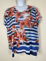 Time &amp; Tru Womens Plus Size 2X Blue/Red Floral Stripe V-neck Top Short Sleeve - £11.10 GBP