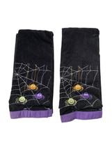 2 Halloween Black Bath Hand Towels Embroidered Colorful Cute Spiders Purple Trim - £15.72 GBP