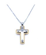 Men&#39;s Necklace Stainless Steel Cable Chain Cross Pendant Cubic Zirconia - £14.54 GBP