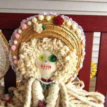 VINTAGE HANDCRAFTED MOP HEAD COTTAGE CHIC GIRL DOLL WITH STRAW HAT FLOWERS - $36.66