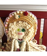 VINTAGE HANDCRAFTED MOP HEAD COTTAGE CHIC GIRL DOLL WITH STRAW HAT FLOWERS - $36.66