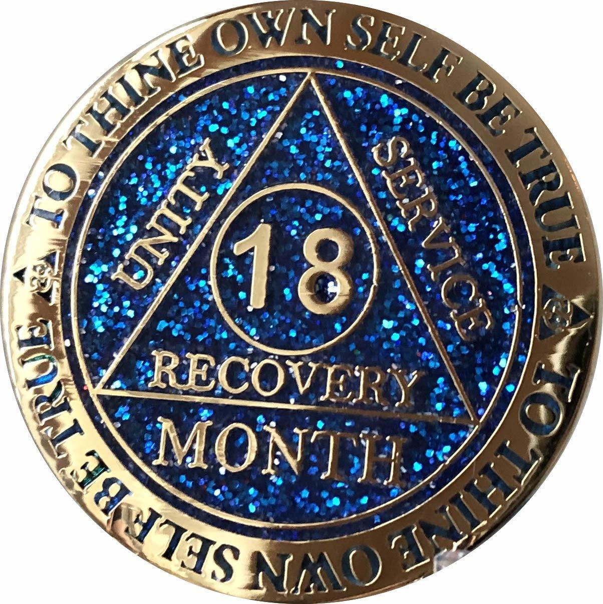 18 Month AA Medallion Reflex Blue Glitter Gold Plated Sobriety Chip