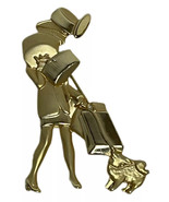 AJC Vintage Goldtone Brooch Pin Woman Shopper Balancing Dog Tugging at Her - £15.36 GBP