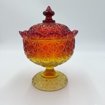 Vintage L.G Wright Daisy &amp; Button Amberina  compote candy dish 7.5” Art ... - $76.50