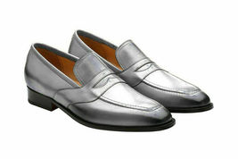 Handmade men&#39;s genuine gray leather moccasin classic loafers shoes - £113.22 GBP