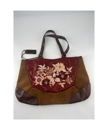 Vintage Antonio Melani Purse Embroidered Floral Red Brown Tan Leather Suede - $32.38