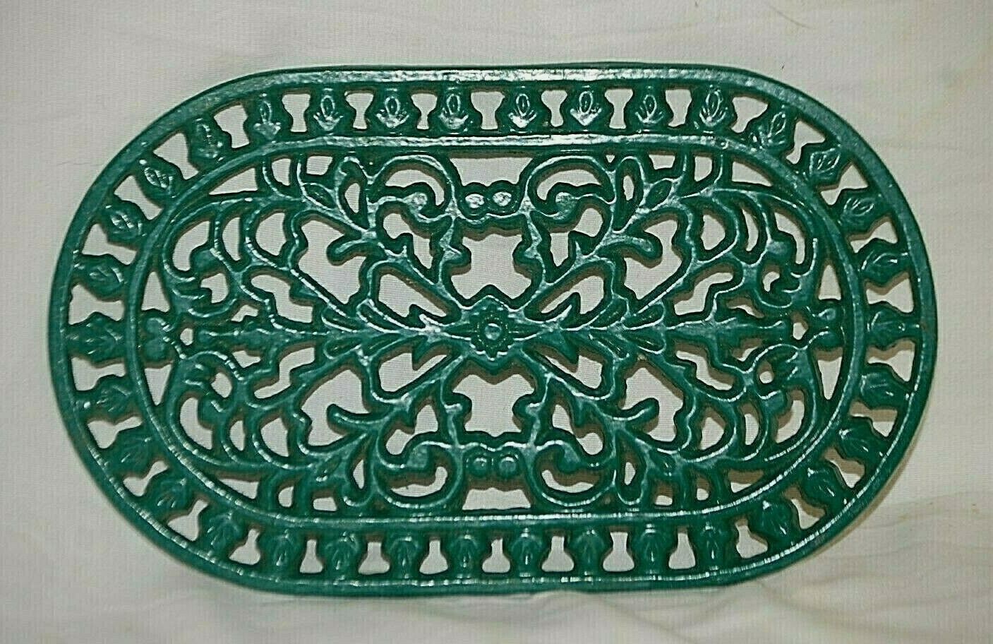Vintage Cast Iron Trivet Pot Pan Stand Filigree Design Green Kitchen Far... - $39.59