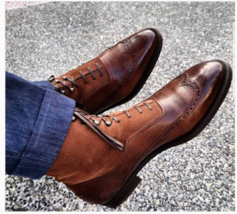 Handmade Men's Brown Cowhide Leather &amp; Suede Wingtip Lace up Ankle High ... - $148.49