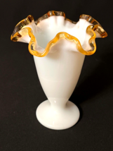 Vintage Fenton Milk Glass Amber Gold Crest Trumpet Vase Crimped Ruffled Rim - £15.72 GBP