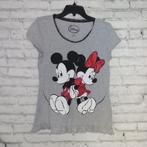 Disney Top Women Medium M Gray Mickey &amp; Minnie Ruffle Hem Short Sleeve S... - $21.88