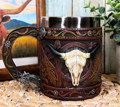 Rustic Western Bull Skull Cow With Dreamcatcher Feathers Faux Tooled Leather Mug - £21.38 GBP