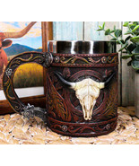 Rustic Western Bull Skull Cow With Dreamcatcher Feathers Faux Tooled Lea... - $26.99