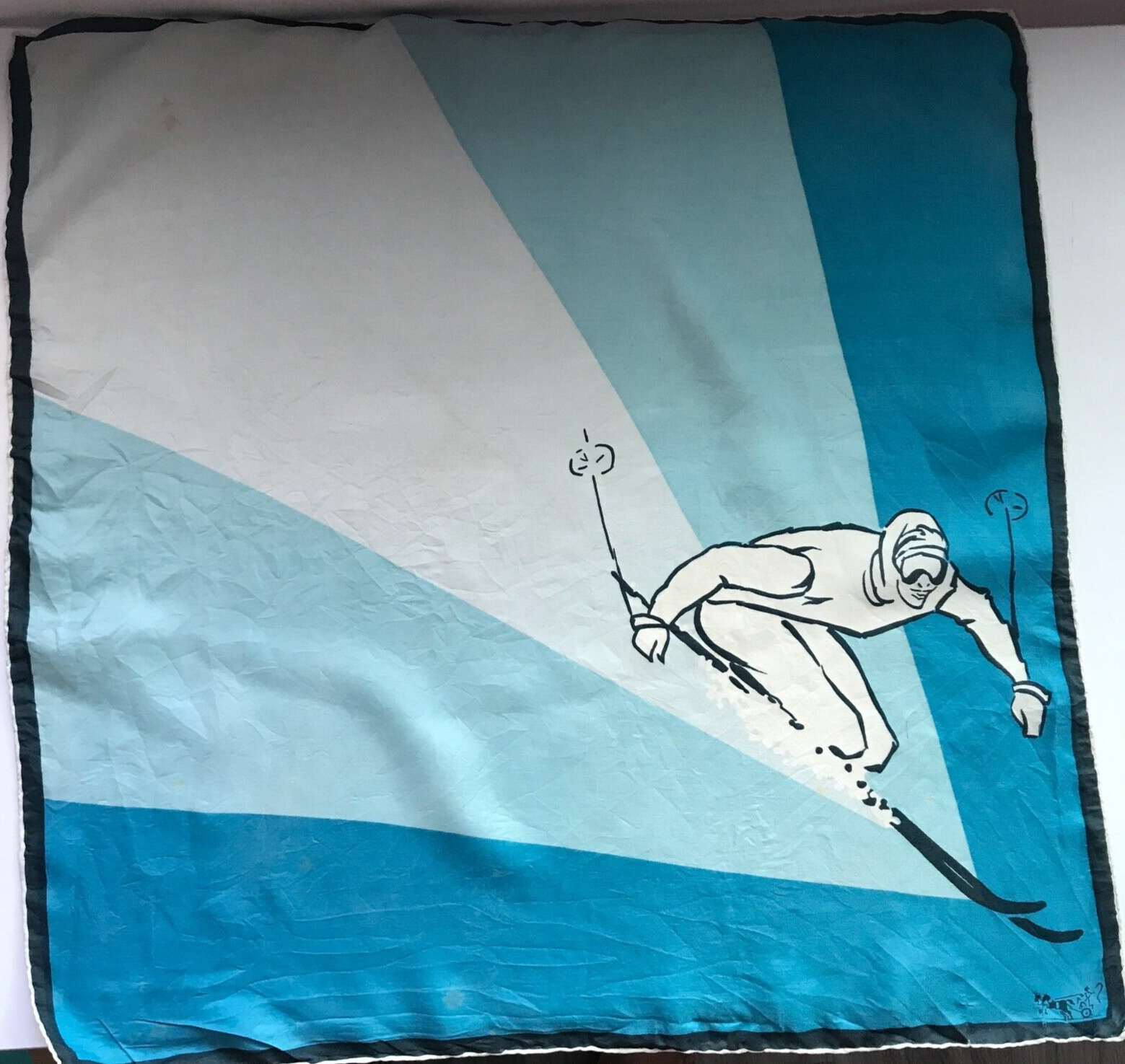 Primary image for Vintage Blue Silk Scarf Man Skiing Down Slopes Square Rolled Hem Discoloration