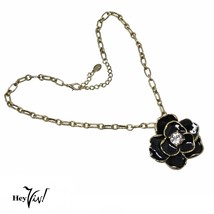Vintage Bijoux Terner Necklace w Black Enamel Flower Pendant 20&quot; Chain - Hey Viv - £17.58 GBP