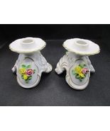 Pair German Dresden Porcelain Candle Stick Holders Pink Yellow Roses [88b] - £97.12 GBP